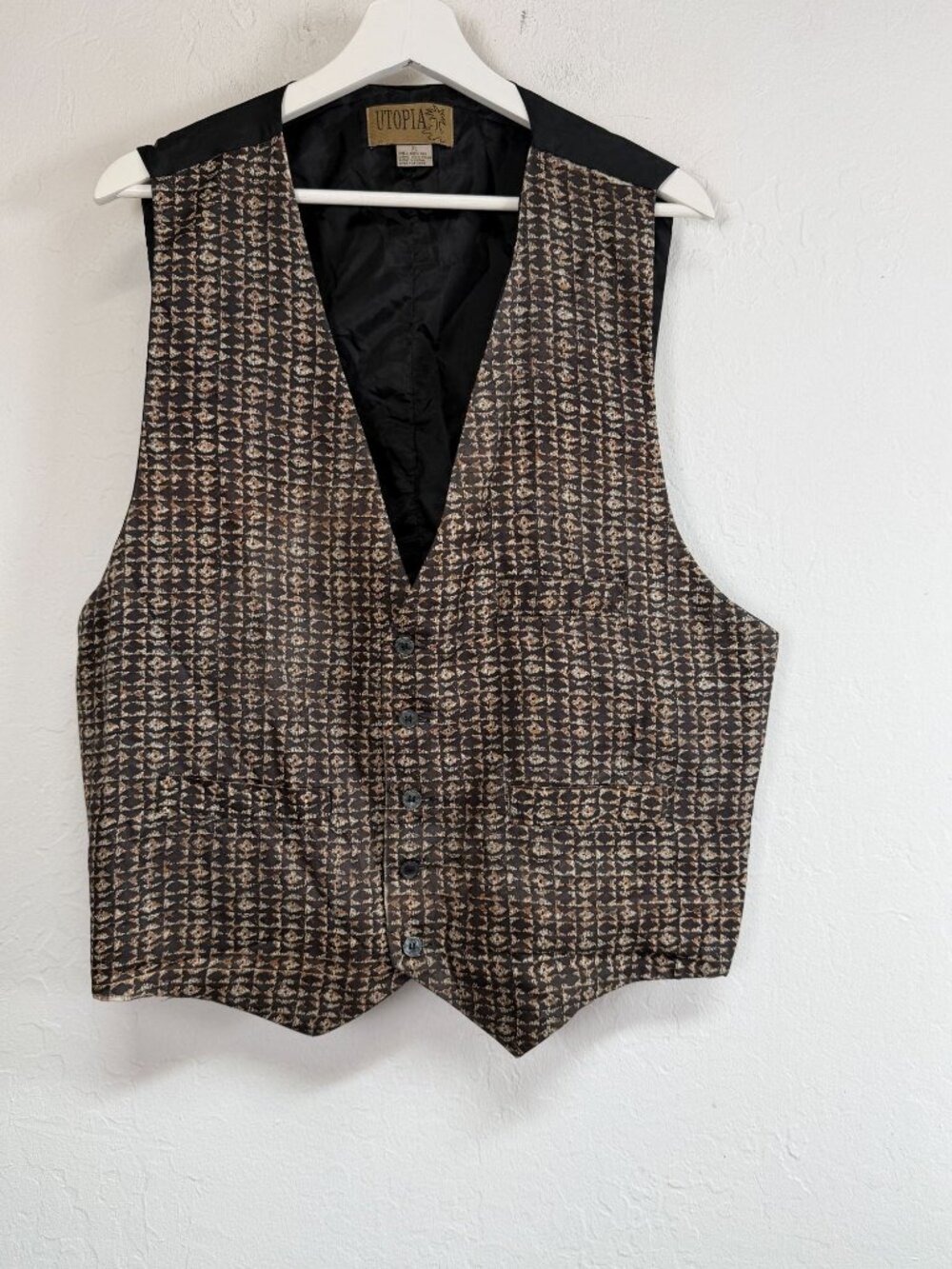 Vintage Utopia Mens XL Brown Tribal Pattern Formal Suit Vest Gilet Adjustable